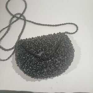 Elegant Black Beaded Oleg Cassini Evening Bag 7" Wide 5" Tall.